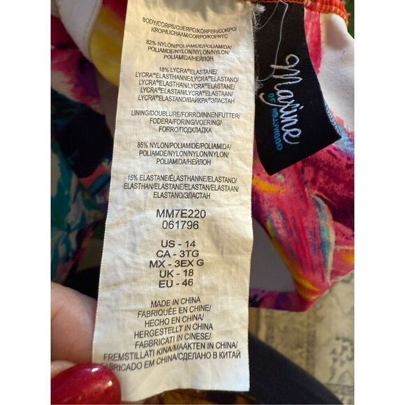 Maxine Of Hollywood Sz 14 Shirred One Piece Swimsuit Sunburst Colorful Tropical - Picture 7 of 7